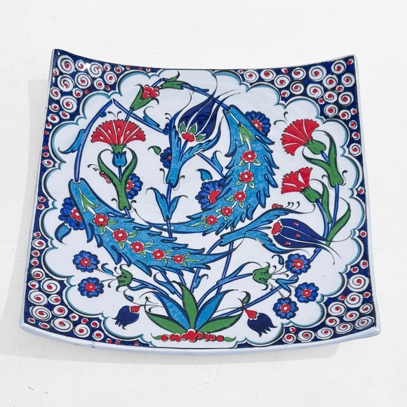 Turkish Altin Cini Handpainted Traditional Kutahya Folk Art Plate 9" Square Rare - Picture 2 of 9